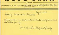 "Hope-Gram" from Sisterhood of Congregation Tikwoh Chadosho (New Hope) from Dr. & Mrs. Leo Teitz and family to Rubenstein - Deutch Wedding