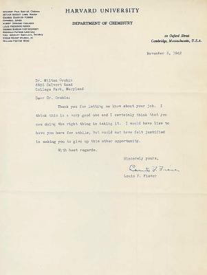 1942 Correspondence Between Milton Orchin and Louis F. Fieser Regarding Possble Employment at Harvard University Developing War Materials for the USArmy
