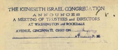 Board Meeting Notice "Stamp" from 1930s for Kneseth Israel Congregation (Cincinnati, Ohio)