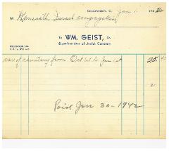 Invoices from William Geist, Superintendent of Jewish Cemetery, for Cemetery Upkeep