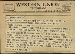 Telegram from President John F. Kennedy to Rabbi Eleizer Silver in 1963 re: Civil Rights Meeting