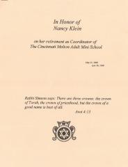 "In Honor of Nancy Klein" a Packet of Letters for Nancy Klein on her retirement as Coordinator of The Cincinnati Melton Adult Mini School