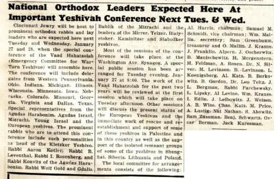 Notice of Vaad Hatzalah Conference to be held in Cincinnati, Ohio - 1942