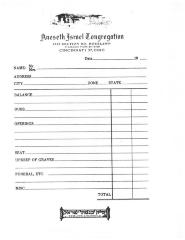 Membership worksheet for Kneseth Israel Congregation (Cincinnati, Ohio) from their Section Road location