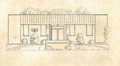 Illustration in black ink of Arthur Beerman Center at Miami University