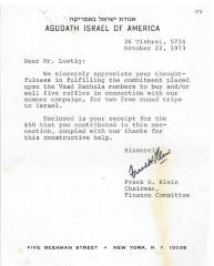 Agudath Israel of America (New York, New York) - Thank You Letter re: Contribution Made, 1973