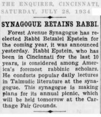 Article Regarding Hiring of Rabbi Betzalel Epstein by Forest Avenue Synagogue (Cincinnati, Ohio)