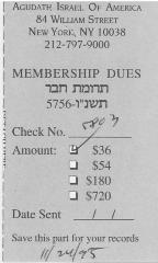 Agudath Israel of America (New York, New York) - Payment Stub, 1995