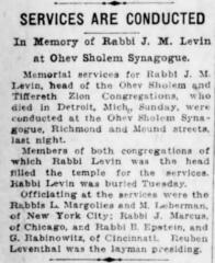 Article Regarding the Death of Rabbi Joseph Meyer Levin in Cincinnati, Ohio