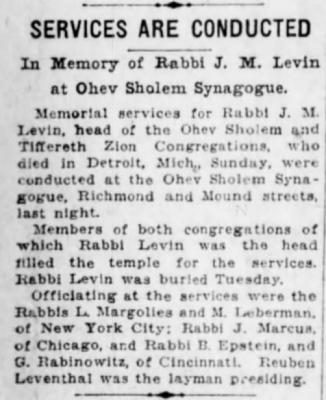 Article Regarding the Death of Rabbi Joseph Meyer Levin in Cincinnati, Ohio