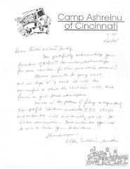 Thank You Letter from Camp Ashreinu of Cincinnati to the Lustigs for their Contribution, 1995