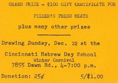 Cincinnati Hebrew Schools (Cincinnati, OH) - Raffle Tickets for Winter Carnaval Festival Raffle, 1973