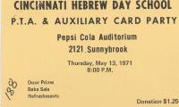 Cincinnati Hebrew Day School (Cincinnati, OH) - Admit One Tickets to the PTA &amp;amp; Ladies Auxiliary Card Party, 1971