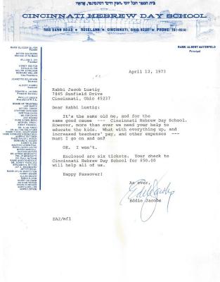 Cincinnati Hebrew Day School (Cincinnati, OH) - Letter re: Raffle Tickets, 1973