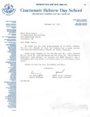 Cincinnati Hebrew Day School (Cincinnati, OH) - Letter re: Raffle Tickets Purchased for Annual Campaign, 1986