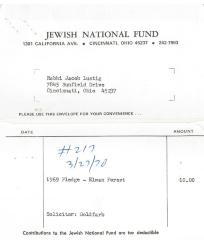 Cincinnati Jewish National Fund - Statement re: Pledge Fee, 1969