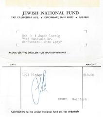 Cincinnati National Jewish Fund (Cincinnati, OH) - Envelope containing Pledge Fee, 1971