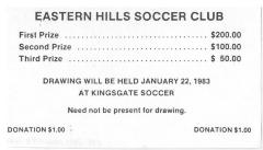 Eastern Hills Soccer Club (Cincinnati, OH) - Raffle Tickets, 1983