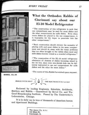 Kosher "Certification" Letter &amp; Ads by Rabbi Betzalel Epstein for the Electrolux Refrigerator 