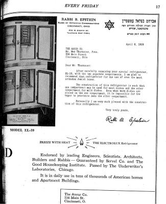 Kosher "Certification" Letter &amp; Ads by Rabbi Betzalel Epstein for the Electrolux Refrigerator 