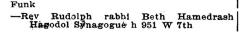 Rev Rudolph Funk, Rabbi of Beth Hamedrah Hagadol (Cincinnati, Ohio), Listing from Williams 1907 Cincinnati Directory
