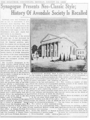 Article Regarding Importance of Adath Israel Congregation's Avondale Synagogue Building - 1929
