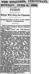 Article Regarding Proposed Merger Between Adath Israel Congregation and Beth Hamedrah Hagadol (Cincinnati, Ohio) - 1892