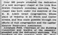 Article Regarding Dedication of Adath Israel Congregation Cemetery Chapel - 1909