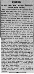 Article Regarding Death of Mrs. Miriam Benjamin in 1905, Prominent Member of Adath Israel Congregation (Cincinnati, Ohio)