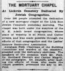 Article Regarding Dedication of Adath Israel Congregation Cemetery Chapel - 1909