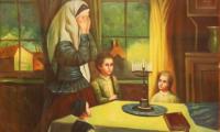 Painting of Jewish Mother saying Blessings over Shabbat Candles