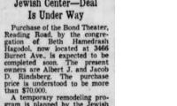 Article on Beth Hamedrash Hagodol Congregation (Cincinnati, Ohio) Purchasing &amp; Dedicating Bond Hill Theater for new Synagogue in 1954 - 1955