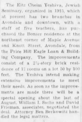Articles Regarding New Building for Yeshiva Etz Chaim, Cincinnati, Ohio - 1933