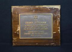 Hunts Point New York Zionist Organization of America 1949 Plaque in honor of Frank Perlman