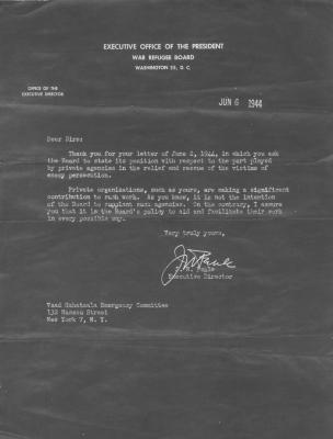 Letter from the War Refugee Board in 1944 to the Vaad Hatzalah regarding the Vaad Hatzalah’s work in Rescuing Persecuted Jews