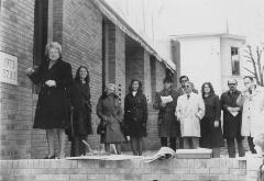 Photograph of Mrs. Beerman after placing the Cornerstone, 1973