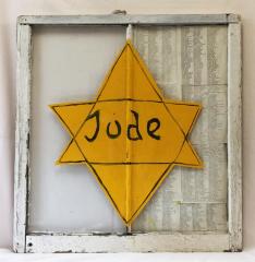Painted Window Depicting a Jewish Identification Badge, displaying the names of Holocaust Survivors 