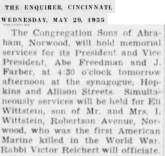 Norwood Synagogue Memorial Services for Eli Wittstein, their Member who was 1st Marine Killed in WWI