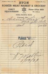 Receipt for Chevra Shaas from Avon Kosher Meat Market and Grocery for $20.89, 1939