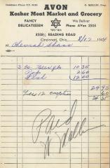 Receipt for Chevrah Shaas from Avon Kosher Meat Market and Grocery for $24.35, 1944