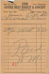 Receipt for Chevrah Shaas from Avon Kosher Meat Market and Grocery for $3.50, 1950