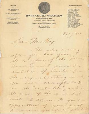Thank You Letter sent to Edward Kay from the Jewish Centers Association
