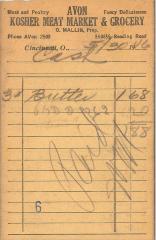 Receipt for Chevra Shaas from Avon Kosher Meat Market and Grocery  for $1.88, 1946
