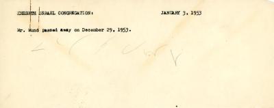 Note announcing the death of Mr, Mund, January 3, 1953