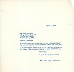 Letter from Kneseth Israel to Jacob Jacobson concerning a receipt for cemetery upkeep,  August 3, 1961