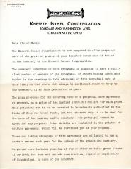 Letter announcing the Introduction of Perpetual Care at Kneseth Israel Congregation Cemetery