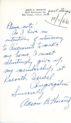 Letter from Aaron Horowitz to Kneseth Israel concerning giving up his membership due to moving, October 11, 1966