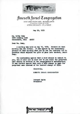 Letter from Kneseth Israel Cemetery concerning prices of memorial tablets and perpetual care,  July 31, 1964