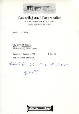 Cemetery upkeep statement for Howard Kessel from Kneseth Israel, April 17, 1972