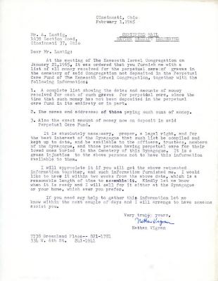Correspondence with the Vigransky family concerning their memorial chapel, July 7, 1963